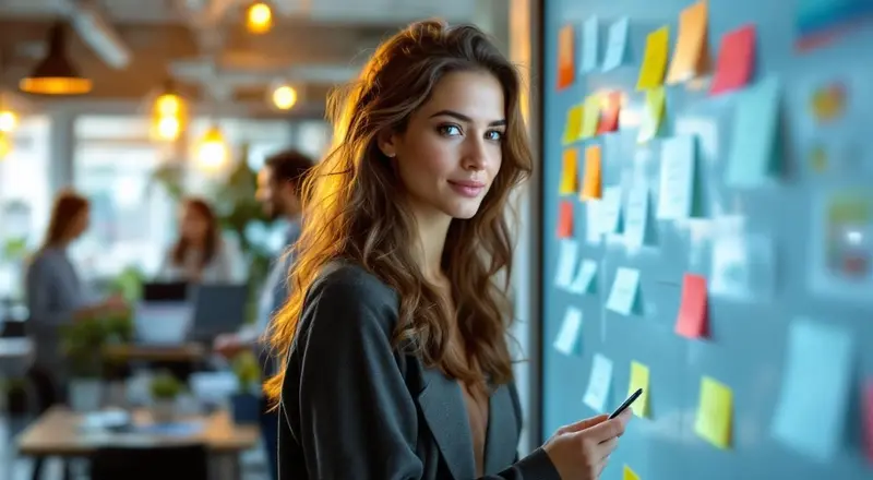 Frau steht vor einem digitalen Kanban-Board in einem modernen Büro