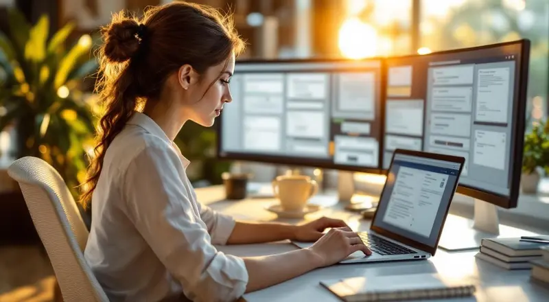 Frau arbeitet an strukturierten KI-Prompts am Laptop mit mehreren Bildschirmen