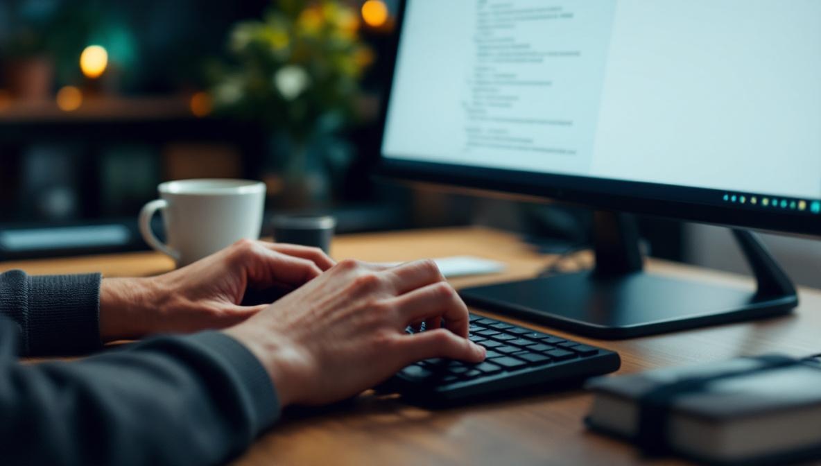 Hände tippen auf einer Tastatur mit strukturiertem Text auf dem Bildschirm