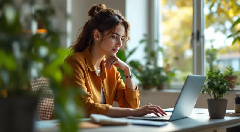 Frau arbeitet am Laptop mit einer visuellen Workflow-Automatisierung auf dem Bildschirm