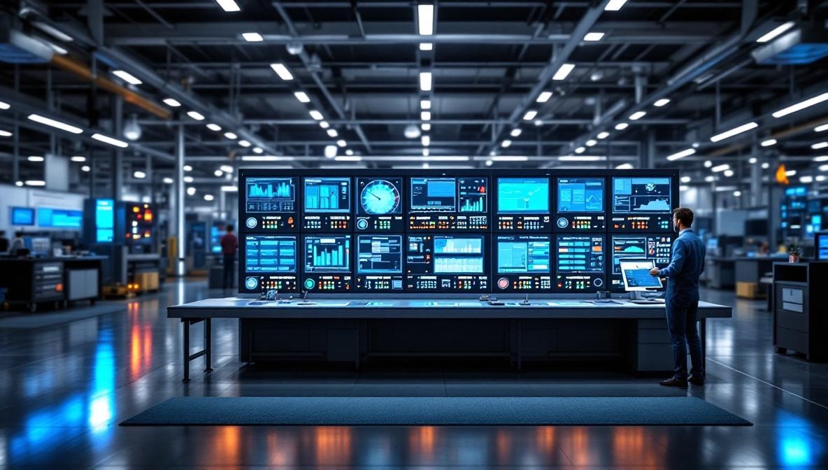 Industrieller Kontrollraum mit digitalen Dashboards und Automatisierungsanzeigen