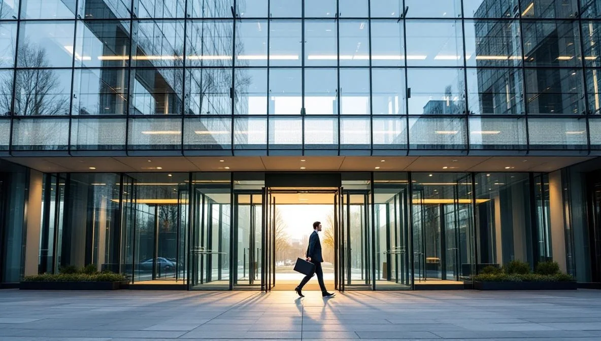 Eingang eines modernen deutschen Behördengebäudes mit Glasfassade im Morgenlicht