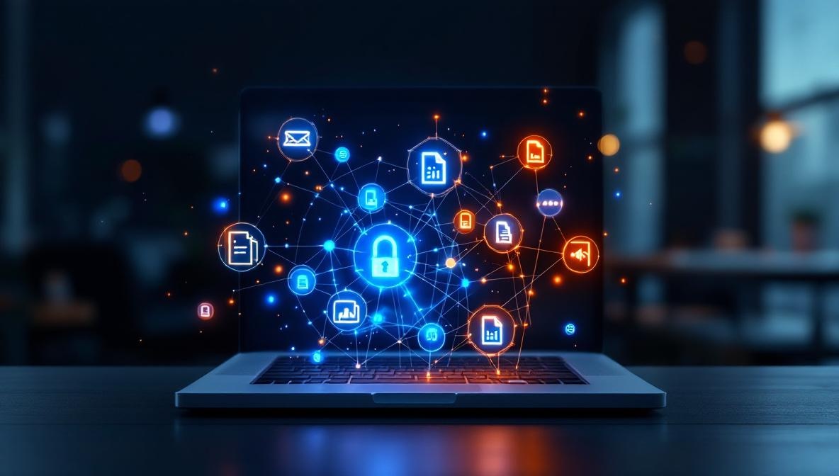 Abstrakte Visualisierung von verbundenen Dokumenten und Datenknoten über einem Laptop