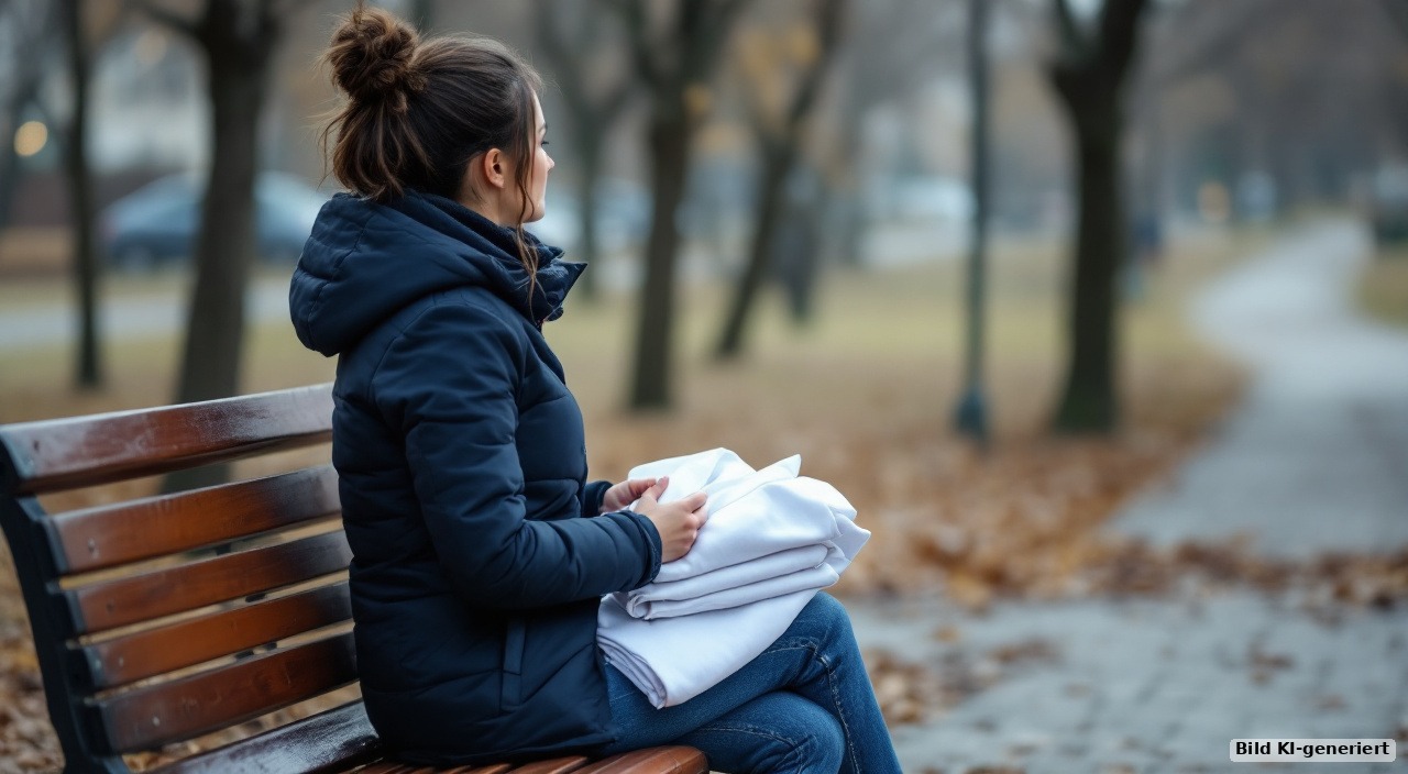 Frau in Winterjacke sitzt von hinten gesehen auf einer Parkbank und hält einen gefalteten weißen Pflegekittel auf dem Schoß