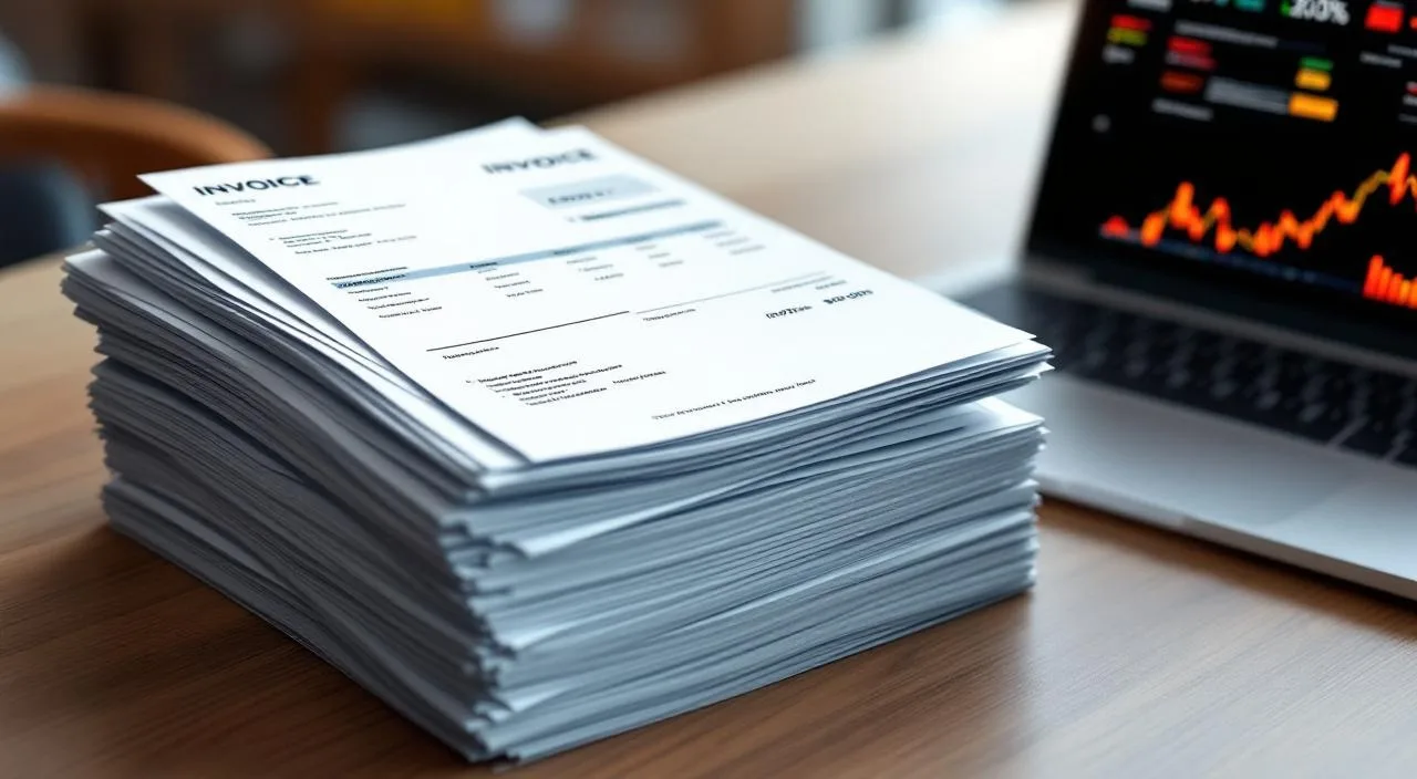 Ordentlicher Rechnungsstapel auf Schreibtisch neben Laptop mit automatisierter Datenextraktion im modernen Büro