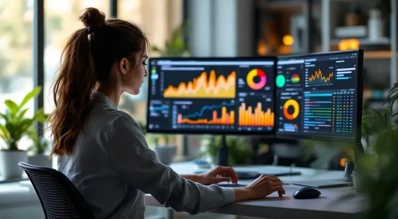 Marketing-Fachkraft analysiert Remarketing-Kampagne am Bildschirm mit Zielgruppen-Segmenten und Performance-Daten