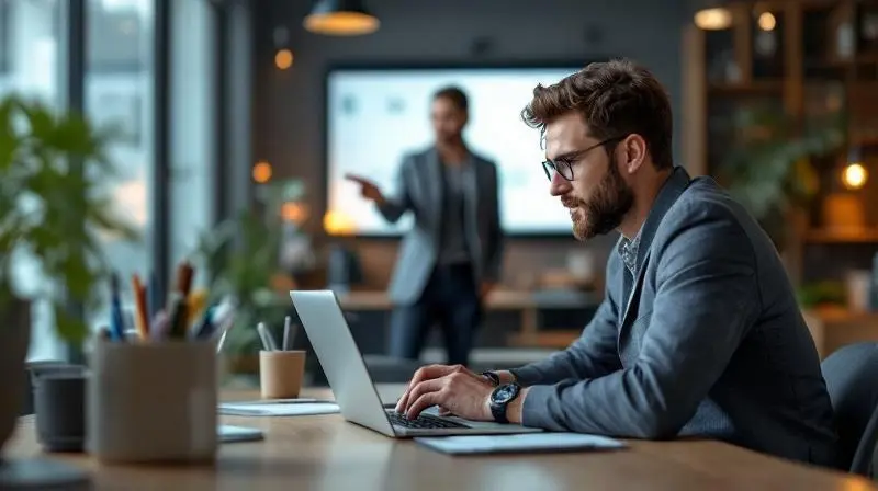 Mitarbeiter lernt am Laptop in modernem Schulungsraum, Dozent zeigt auf Bildschirm im Hintergrund