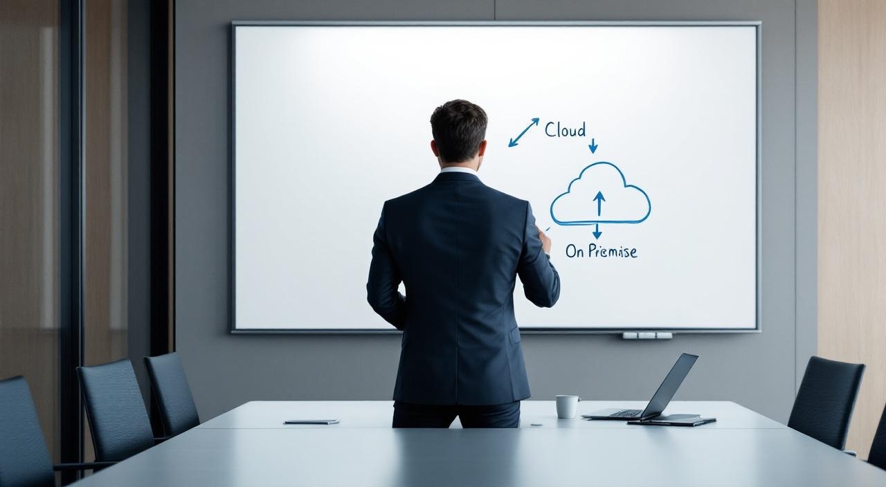 Person betrachtet abstraktes Cloud-vs-On-Premise-Diagramm am Whiteboard