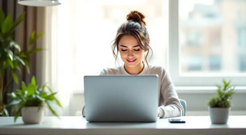 Person schließt entspannt einen Laptop an einem hellen Schreibtisch mit Pflanze