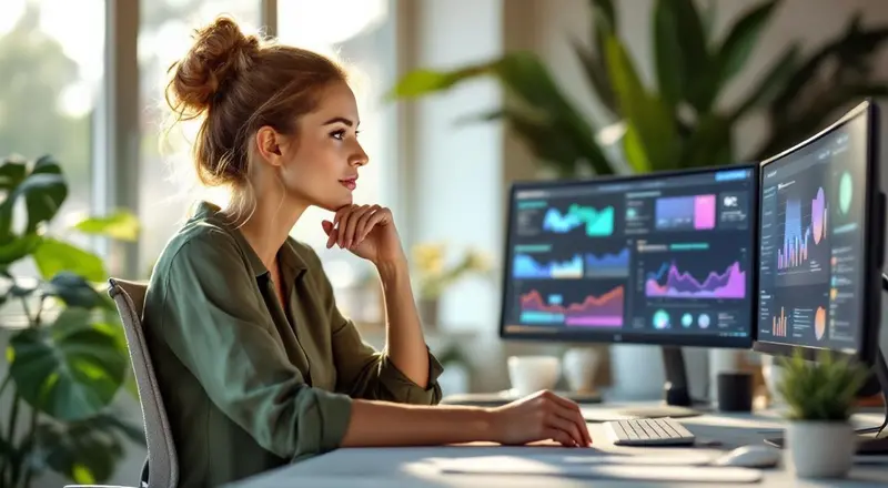 Social Media Managerin arbeitet am Laptop mit KI-gestützten Analyse-Dashboards