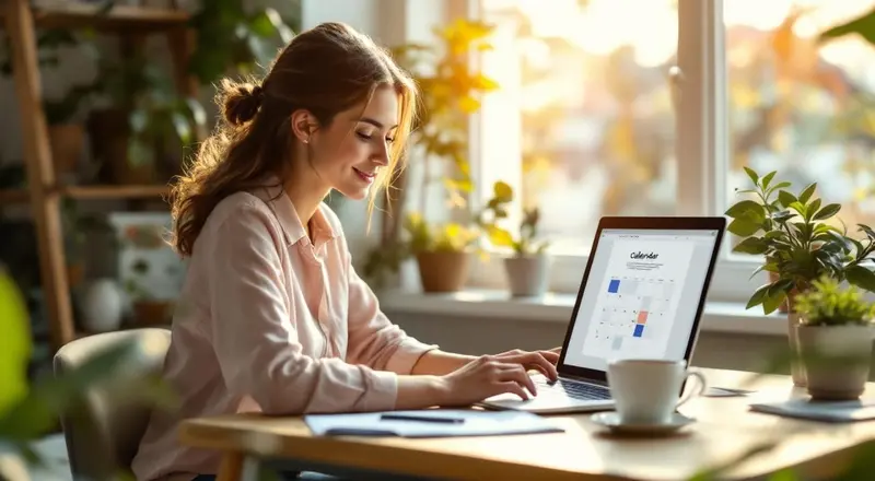Frau arbeitet selbstständig am Laptop an Social Media Inhalten im Home Office