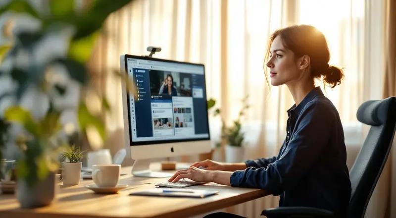 Social Media Managerin am Schreibtisch mit Monitor, Kaffeetasse und geöffneten Social-Media-Plattformen