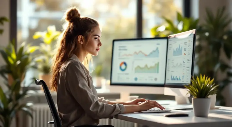 Frau arbeitet am Laptop mit Social Media Dashboards auf dem Bildschirm