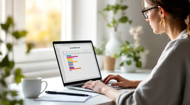 Social Media Redaktionsplan als farbige Tabelle auf Laptopbildschirm