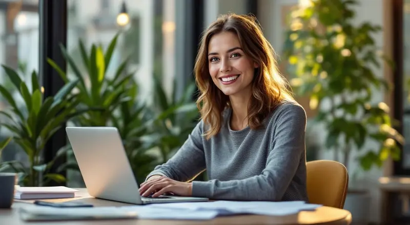 Person am Schreibtisch mit Laptop und Unterlagen, heller moderner Arbeitsraum