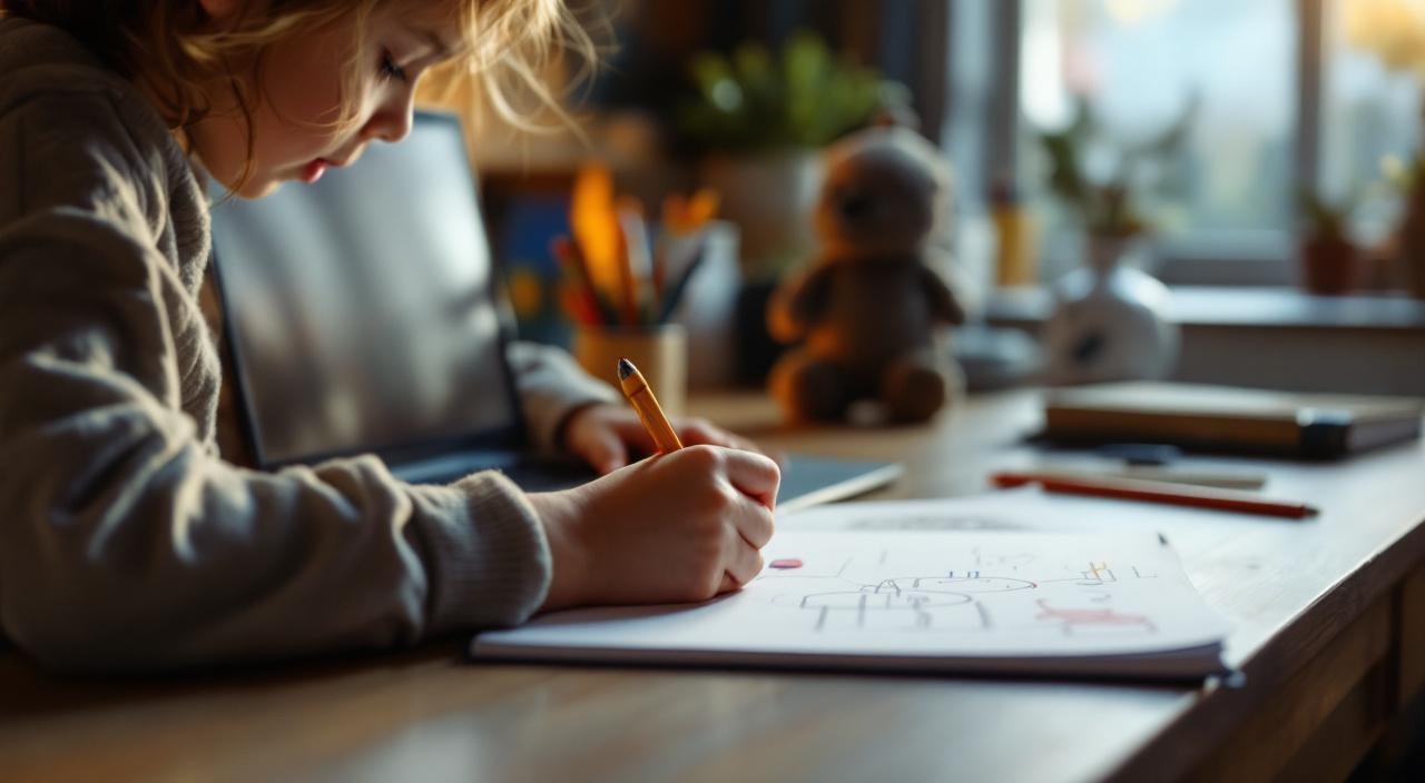 Laptop und Kinderzeichnung auf Wohnzimmertisch, Balance zwischen Lernen und Familie