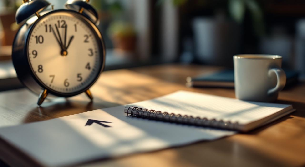 Modernes Arbeitsplatz-Stillleben mit Weckuhr und aufsteigendem Pfeil, Midlife-Wechsel