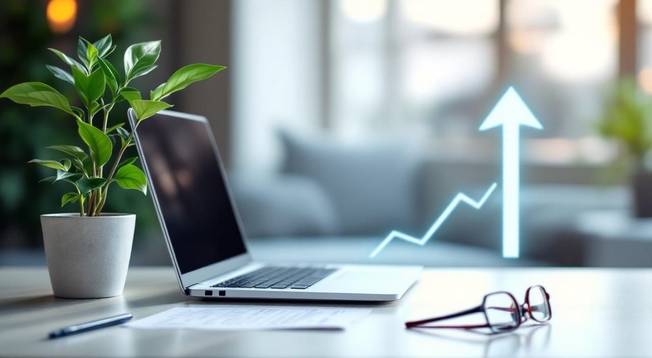 Abstrakter aufsteigender Karriere-Pfeil über modernem Schreibtisch, Neustart-Symbolik