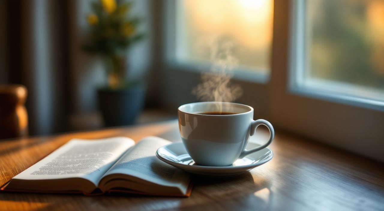 Ruhige Morgenstimmung mit Kaffeetasse und aufgeschlagenem Buch, Neuorientierungs-Szene