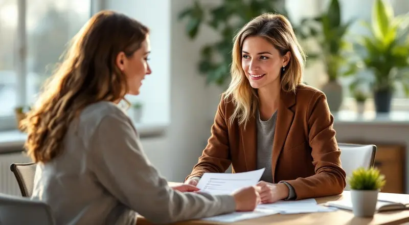 Frau Anfang 40 bespricht Umschulungs-Unterlagen mit Beraterin in hellem Büro