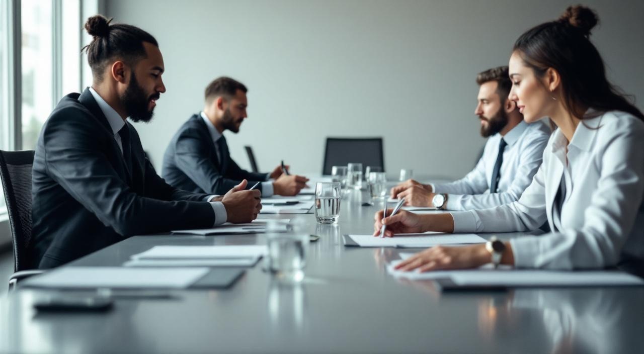 Konferenztisch mit Verhandlungsdokumenten, professionelle Atmosphäre