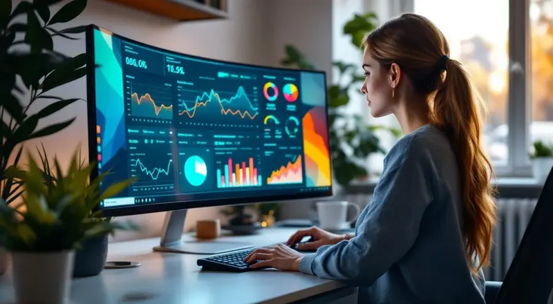 Frau analysiert Website-Traffic-Daten auf einem großen Monitor mit bunten Diagrammen