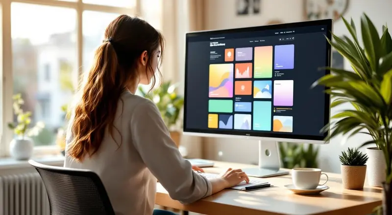Frau am Schreibtisch gestaltet ein Website-Layout am Monitor