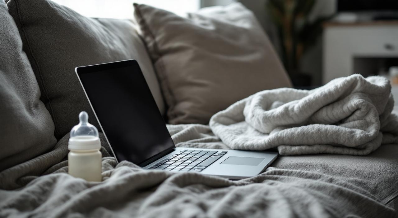 Offener Laptop neben Babyflasche und Notizbuch, häusliche Lern-Atmosphäre