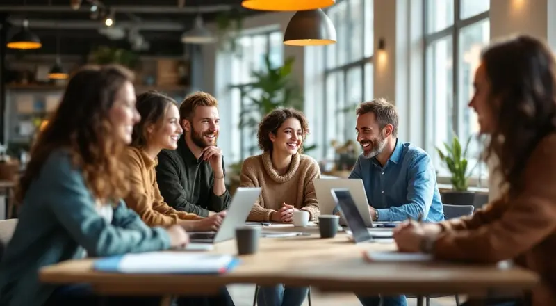 Fünf diverse Erwachsene unterhalten sich entspannt in einem modernen Lernraum