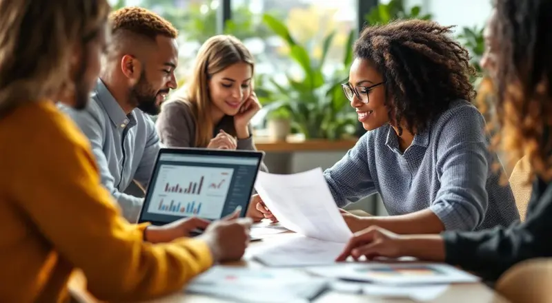 Erwachsene am Schreibtisch besprechen Weiterbildungsförderung
