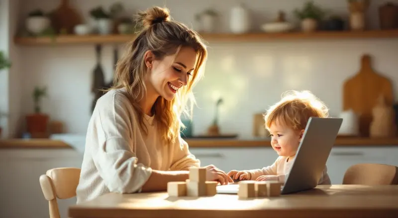 Mutter lernt am Laptop während Kind daneben spielt
