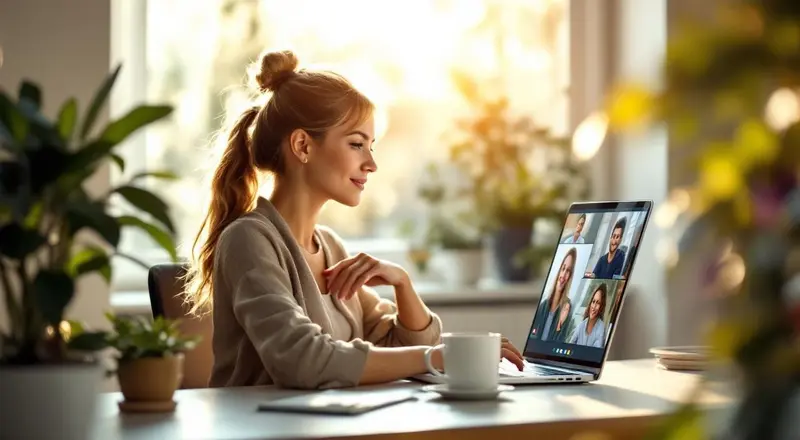 Person lernt am Laptop im hellen Homeoffice mit Pflanze und Kaffeetasse