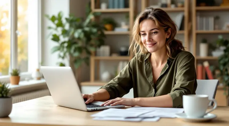 Frau Ende 30 am Schreibtisch mit Laptop und Steuerunterlagen im Homeoffice
