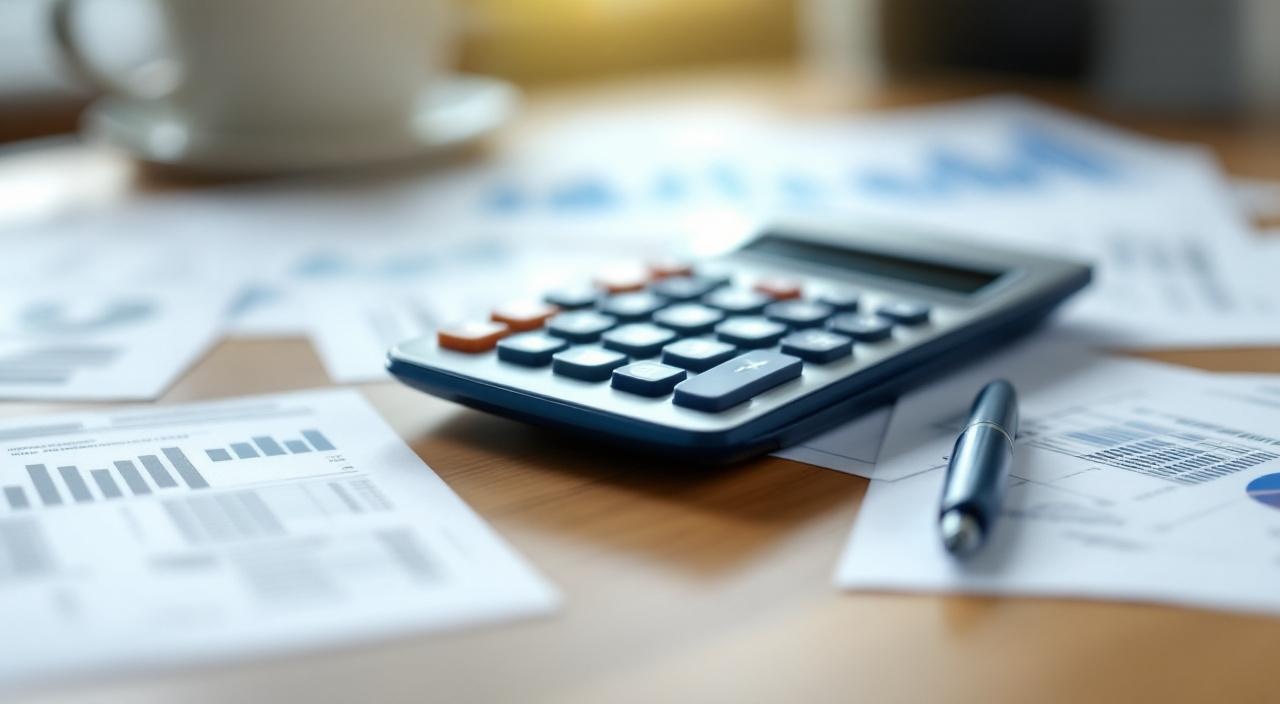 Taschenrechner und Stift auf steuerformular-artigem Papier, Prozent-Shapes