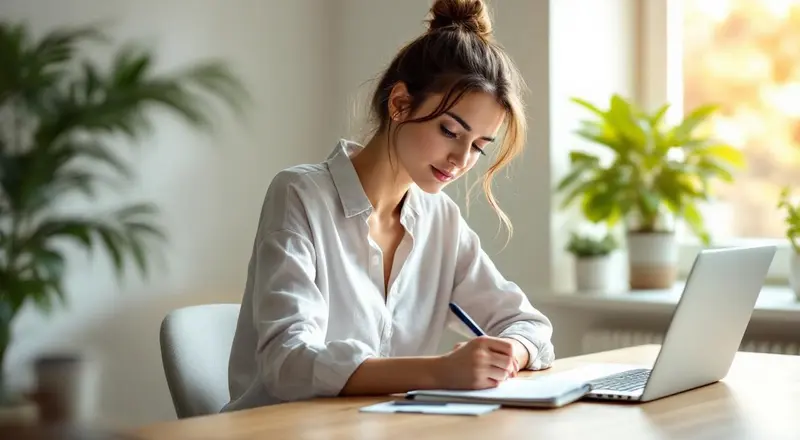Aufgeräumter Schreibtisch mit Laptop, Notizbuch und Pflanze für eine produktive Lernumgebung