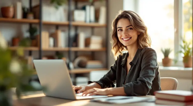 Person am Laptop mit Kaffeetasse in hellem Homeoffice
