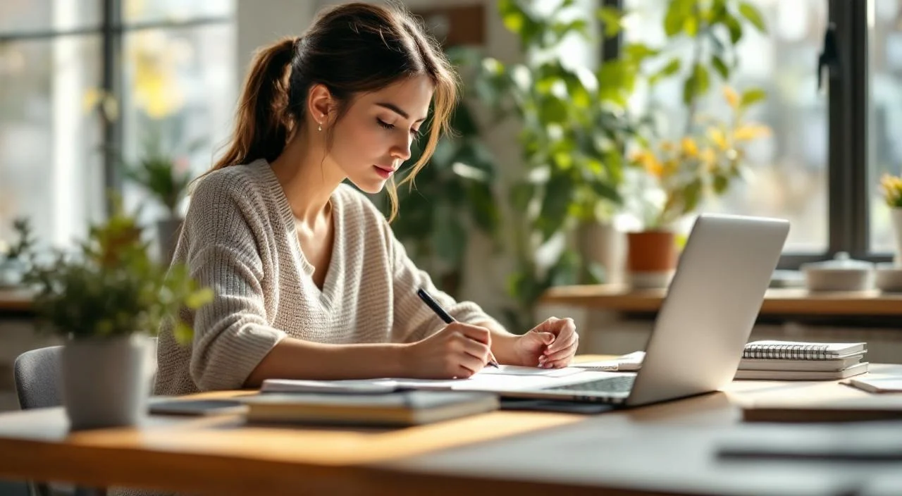 Frau am Schreibtisch mit Laptop und Unterlagen während einer geförderten Weiterbildung