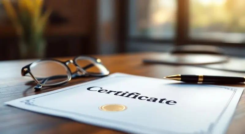 Nahaufnahme eines professionellen Zertifikats mit Siegel auf einem Schreibtisch
