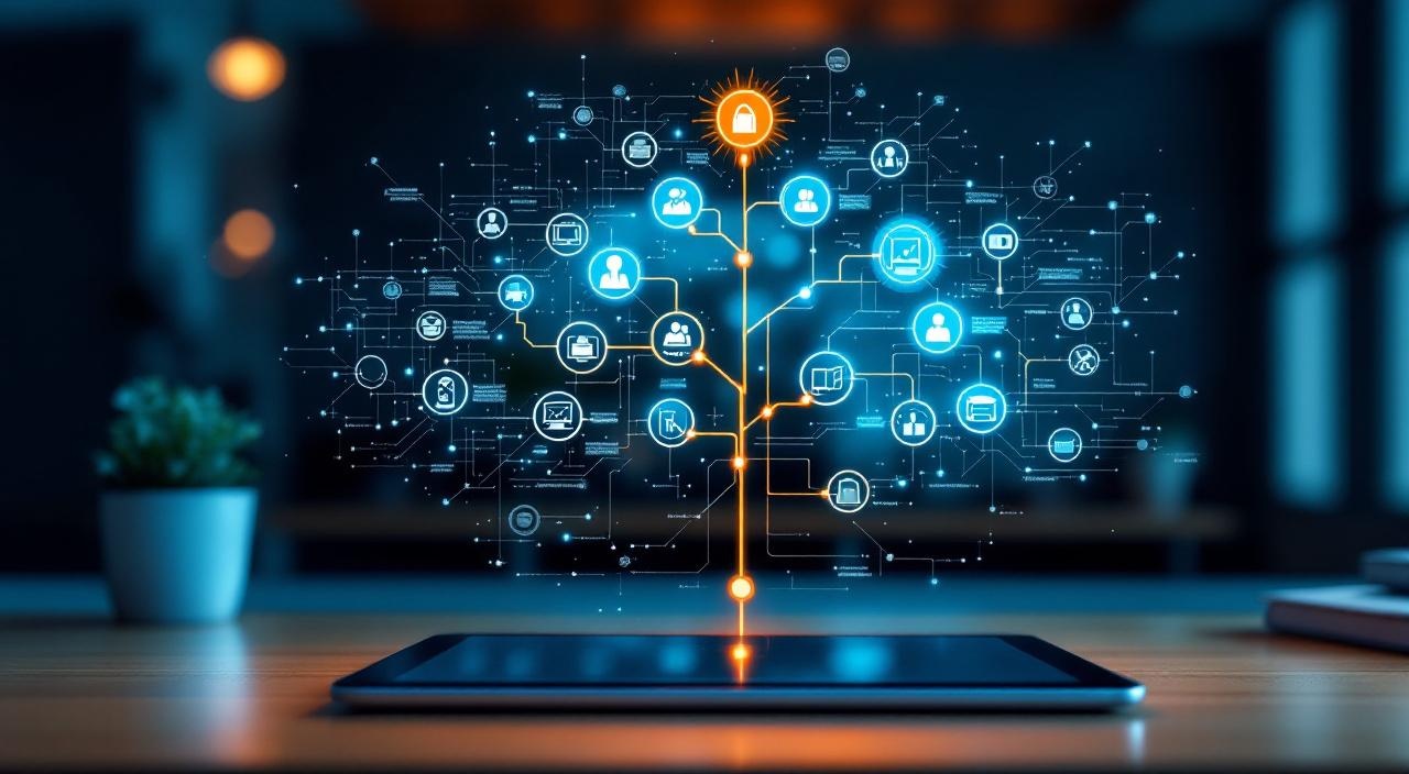 Abstrakter Entscheidungsbaum mit verzweigten Pfaden über Tablet