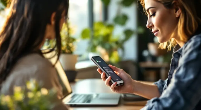 Frau am Schreibtisch mit Smartphone zeigt WhatsApp Business Chat