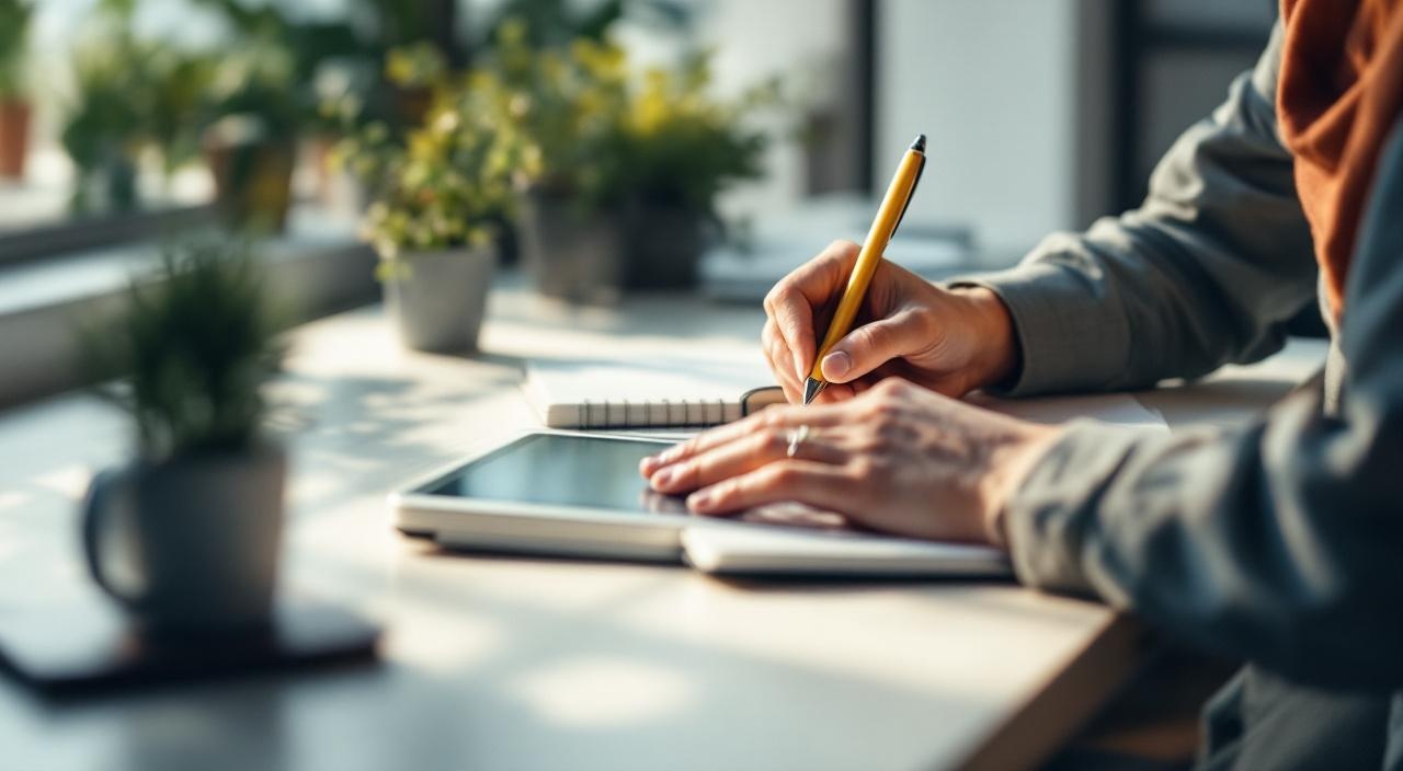 Tablet und Notizblock auf klarem Schreibtisch, Neuanfang-Szene