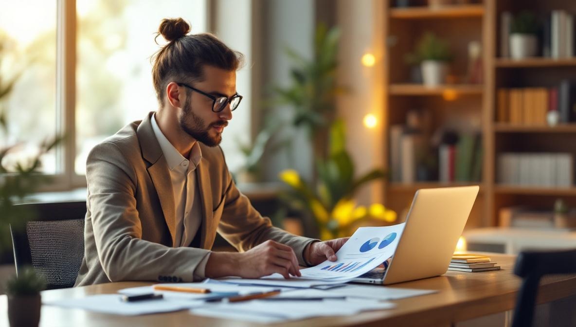 Berufstätige Person vergleicht Weiterbildungsoptionen am Schreibtisch mit Unterlagen und Laptop