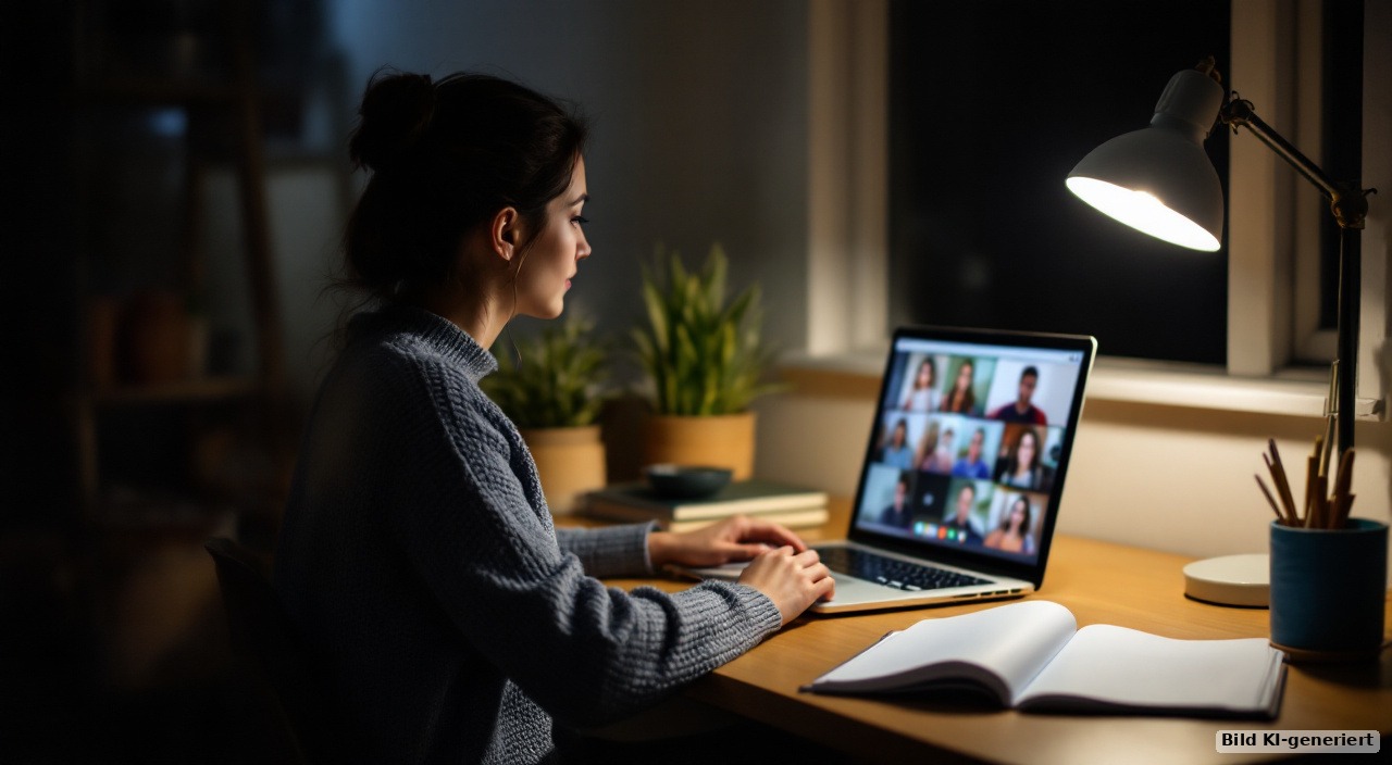 Frau am Schreibtisch am Abend mit Laptop und aufgeschlagenem Studienheft, von der Seite gesehen