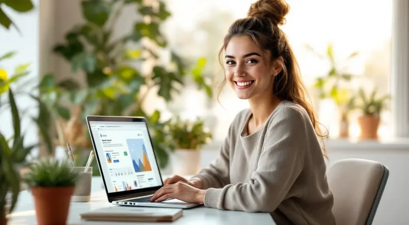 Frau erstellt eine WordPress-Website am Laptop in einem modernen Home-Office