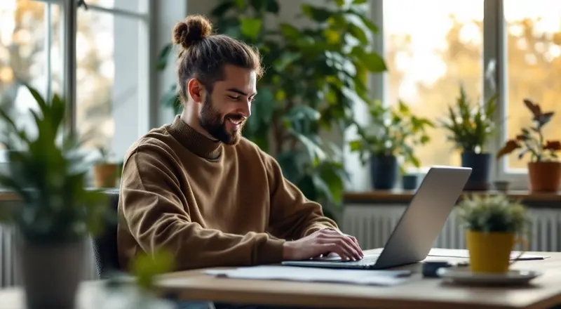 Entspannte Person mit Laptop im Home Office bei guter Work-Life-Balance