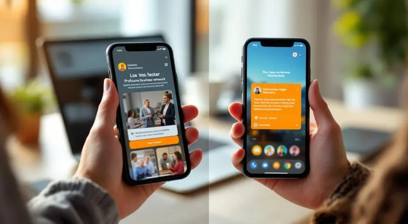 Frau vergleicht zwei Business-Netzwerke auf dem Smartphone am Schreibtisch