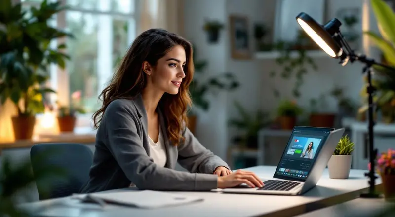 Person am Schreibtisch mit Kamera und Ringlicht, nimmt YouTube-Video auf, modernes Home-Office mit Pflanzen