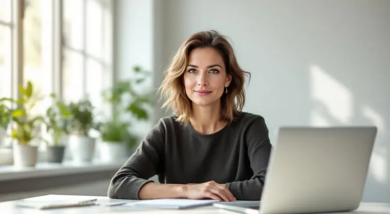 Person Mitte 40 am Laptop, konzentriert und zuversichtlich, modernes Homeoffice